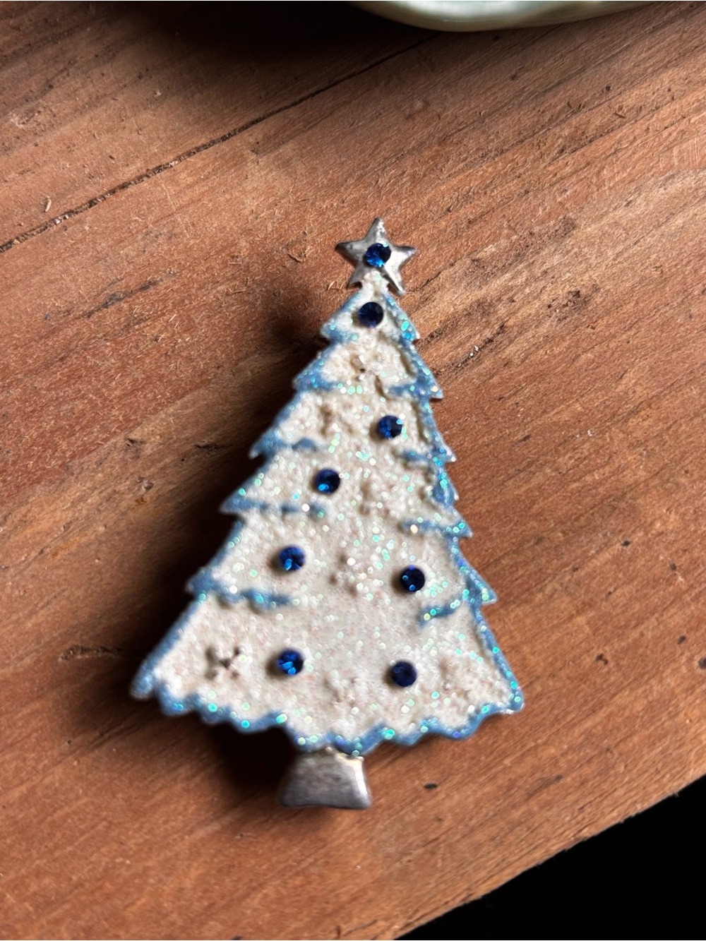 Vintage White & Blue Glitter Christmas Tree Brooch